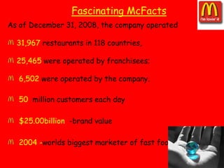 Fascinating McFactsAs of December 31, 2008, the company operated 31,967 restaurants in 118 countries,  25,465 were operated by franchisees;  6,502 were operated by the company.   50  million customers each day  $25.00billion  -brand value  2004 -worlds biggest marketer of fast food