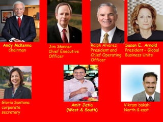 Andy McKennaChairmanRalph AlvarezPresident and Chief Operating Officer Susan E. ArnoldPresident – Global Business UnitsJim SkinnerChief Executive Officer Gloria Santonacorporate secretaryAmitJatia(West & South)Vikram bakshiNorth & east