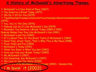 PromotionIndividual communication Mass communicationFree distribution of children toys. Some of the most famous marketing campaigns of McDonald’s are:“You Deserve a break today, so get up and get away- To McDonald’s”