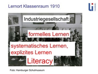 Foto: Hamburger Schulmuseum Lernort Klassenraum 1910 Industriegesellschaft formelles Lernen systematisches Lernen, explizites Lernen Literacy 