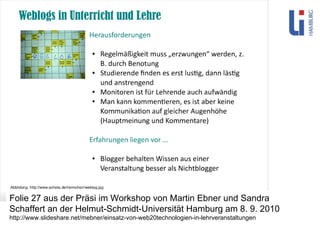 Folie 27 aus der Präsi im Workshop von Martin Ebner und Sandra Schaffert an der Helmut-Schmidt-Universität Hamburg am 8. 9. 2010 http://www.slideshare.net/mebner/einsatz-von-web20technologien-in-lehrveranstaltungen 
