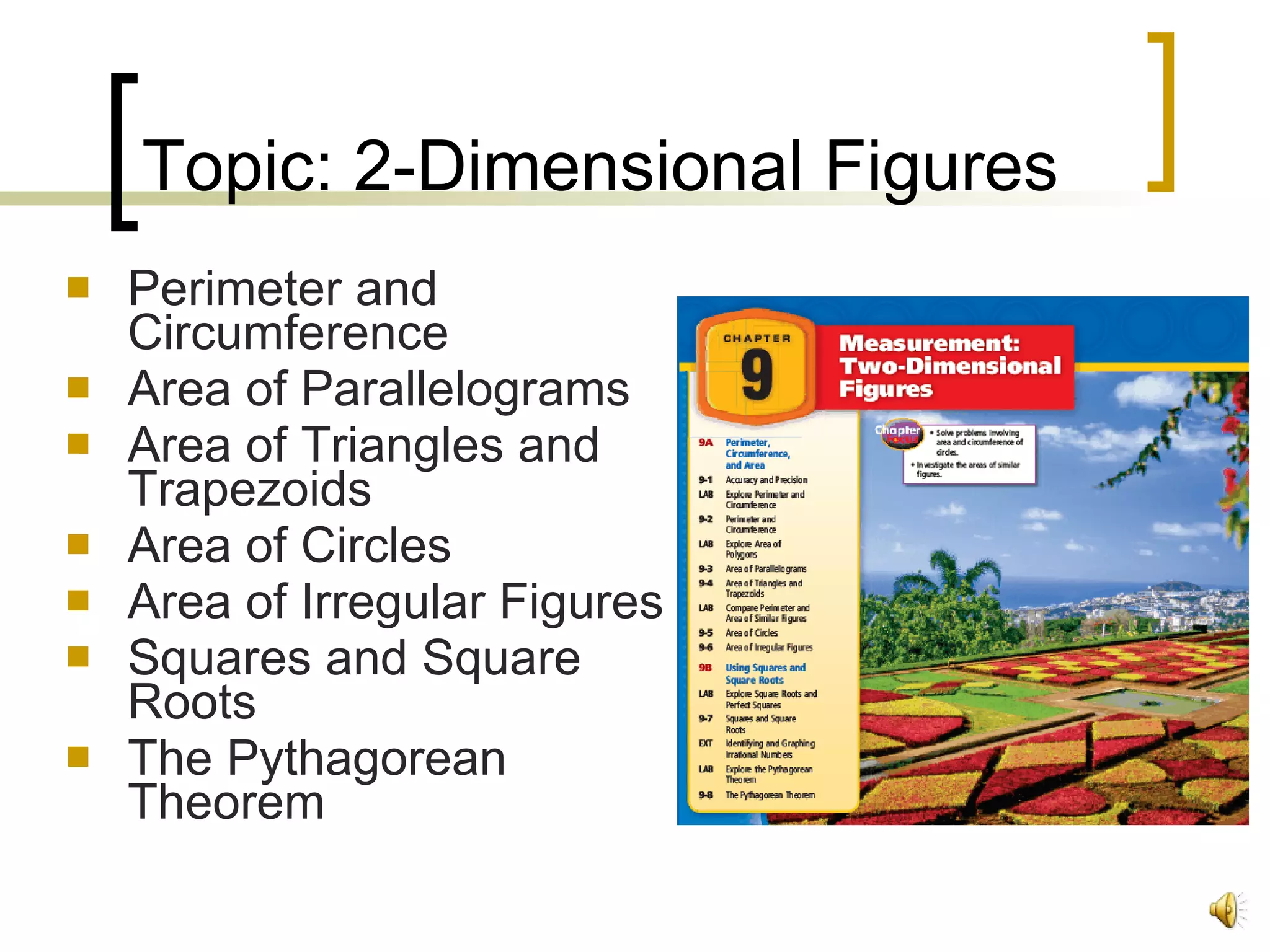 Topic: 2-Dimensional Figures Perimeter and Circumference Area of Parallelograms Area of Triangles and Trapezoids Area of Circles Area of Irregular Figures Squares and Square Roots The Pythagorean Theorem 