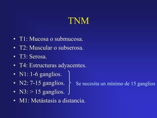 TNM
•
•
•
•
•
•
•
•

T1: Mucosa o submucosa.
T2: Muscular o subserosa.
T3: Serosa.
T4: Estructuras adyacentes.
N1: 1-6 ganglios.
N2: 7-15 ganglios.
Se necesita un mínimo de 15 ganglios
N3: > 15 ganglios.
M1: Metástasis a distancia.

 
