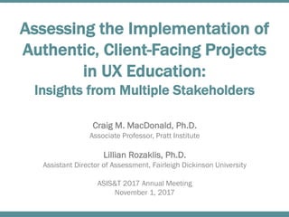 Assessing the Implementation of
Authentic, Client-Facing Projects
in UX Education:
Insights from Multiple Stakeholders
Craig M. MacDonald, Ph.D.
Associate Professor, Pratt Institute
Lillian Rozaklis, Ph.D.
Assistant Director of Assessment, Fairleigh Dickinson University
ASIS&T 2017 Annual Meeting
November 1, 2017
 