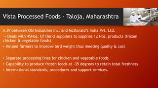 Vista Processed Foods - Taloja, Maharashtra
A JV between OSI Industries Inc. and McDonald’s India Pvt. Ltd.
• Deals with 45Nos. Of tier-2 suppliers to supplies 12 Nos. products (frozen
chicken & vegetable foods)
• Helped farmers to improve bird weight thus meeting quality & cost
• Separate processing lines for chicken and vegetable foods
• Capability to produce frozen foods at -35 degrees to retain total freshness
• International standards, procedures and support services.
 