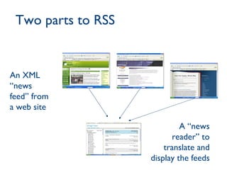 Two parts to RSS An XML “news feed” from a web site A “news reader” to translate and display the feeds 