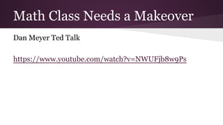 Math Class Needs a Makeover
Dan Meyer Ted Talk
https://www.youtube.com/watch?v=NWUFjb8w9Ps

 