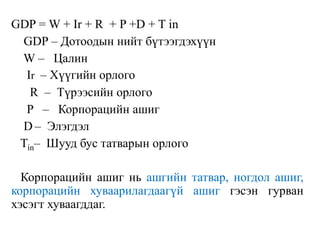 GDP = W + Ir + R + P +D + T in
GDP – Дотоодын нийт бүтээгдэхүүн
W – Цалин
Ir – Хүүгийн орлого
R – Түрээсийн орлого
P – Корпорацийн ашиг
D – Элэгдэл
Tin– Шууд бус татварын орлого
Корпорацийн ашиг нь ашгийн татвар, ногдол ашиг,
корпорацийн хуваарилагдаагүй ашиг гэсэн гурван
хэсэгт хуваагддаг.
 