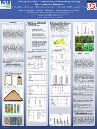 RESEARCH POSTER PRESENTATION DESIGN © 2012
www.PosterPresentation
s.com
Climate change and climate variability pose significant
risks to smallholders in the rainfed lowlands of Lao PDR.
Increased surface temperatures, declining rainfall,
persistent drought and depletion of soil nutrients all serve
to impact agricultural productivity and livelihoods. This
study investigates the impact of five treatments on soil
nutrients, moisture, plant growth, and yield of water
spinach (Ipomoea aquatica). The treatments tested were
rice husk biochar only, biochar inoculated with manure,
manure tea, inorganic fertilizer and the control. The costs
and benefits of the treatments were also assessed. The
randomized complete block design was used to assign
five treatments and eight replications to the experimental
units. Biochar was produced through slow pyrolysis. Soil
physical properties were assessed with the visual soil
assessment method and 15-randomized soil samples were
collected for chemical analyses. Sprinklers were used for
irrigation and a weather station installed to monitor the
climate. Descriptive statistics and analysis of variance
were used to analyze the data. Costs-benefits evaluation
of the treatments was conducted to determine the net
benefits relative to the initial costs ratio. The analysis of
variance of mean yield indicates that the difference in
yield among the treatments was highly significant. The
computed F value (8.28) was higher than the F critical
(2.64) at the 5% level of significance. The calculated
coefficient of variance of mean yield was 17.33%. The
net benefits to initial costs ratio of treatments suggest that
the control (4.11), biochar inoculated with manure plus
NPK (1.64), and biochar plus manure tea (1.01) are
preferred. The net benefits and initial costs evaluation of
treatments is important to assess whether utilizing these
treatments would impact smallholders’ livelihoods. The
results of this study contribute to the evidence that
biochar could play an essential role to mitigate climate
change risks by enhancing soil quality and increase
agricultural productivity.
ABSTRACT
RESEARCH OBJECTIVES
A. Experimental Design
i. Randomized Complete Design
1 5-Treatments, 8-Replications, 1 trial crop
water spinach (Ipomoea aquatic)
2 Experimental Units: 360m2
3 5 blocks with 8 plots (1m x 9m)
ii. Assess Soil Nutrients, Crop Growth and Yield
1. Visual Soil Assessment: Semi-
quantitative approach to assess soil
physical state (Shepherd et al, 2008).
1. Randomized Soil Sampling: quantitative
soil chemical properties (See Table 2).
1. Monitored the Crop Growth Parameters
(fresh weight (g), height (cm), root mass
(%), root depth (cm), # of shoot/plant, #
of leaves/plant, and leaf surface area
(cm2) using the destructive sampling
(Bell & Fischer, 1994).
1. Whole Plot Harvest (Fermont & Benson
2011).
iii. Inputs and Outputs Evaluation of Agricultural
Productivity
1. Net Benefits to Total Cost Assessment
(Shackley et al. 2011, Kulyk 2012).
2. Net Revenue Evaluation
MATERIALS & METHODS
Bio-geophysical & Socioeconomic Characteristics
 Ekxang Village, Vientiane Province, Lao PDR
 Coordinates 18° 21.172' (N) to 102° 27.471' (E)
 Surface and Groundwater Resources
 150 yrs. old, 3-tribes: Hmong, Khamu & Lao Lum
(Pavelic et al. 2010, Maokhamphiou 2014).
 Population: 1,280, contains 237 households, 260
females (Pavelic et al. 2010, Suhardiman et al. 2013).
 Main Sources of Household Income: Paddy rice,
cattle, small-scale animal husbandry, cash crop
(lettuce, watermelon, water spinach, beans, dragon
fruit, cucumber, herbs), and contract farming.
CONCLUSIONS
 Increased the SQI from moderate (21) to good soil
(>34).
 Significant increase in earthworms during the
treatment (40) and post-treatment (>48) stages.
 Decreased dry bulk density relative to soil depth.
 Significantly increased and stabilized soil pH.
 Statistically significant difference of percent of
phosphorous (%P2O5) with F (3.72) > F critical (3.48).
 Percent of soil Nitrogen (%N), Potassium (%K2O),
soil organic matter (%SOM), and cations exchange
capacity (%CEC) were not statistically significant.
 Biochar inoculated with cattle manure and NPK show
significant increases in all growth parameters.
 Variations were observed in plots sampled to measure
the growth of water spinach.
 Rice husk biochar inoculated with manure and NPK
significantly increased the root mass (55%) of water
spinach relative to other treatments.
 Root depth decreased with increasing root mass.
 There was statistically significant difference among
treatments groups relative to mean yields of water
spinach with the computed F (8.28) > F critical (2.64)
at the 0.05 level of significance with f (4, 38) degrees
of freedom.
 The net benefit to total cost ratio suggests that the
control (4.11), RHB+MT (1.64), and RHB+CM+NPK
(1.01) were the most preferred treatments to positively
impact farmers’ livelihoods in terms of net benefits.
REFERENCES
Bell, M. A. and R. A. Fischer. 1994. Guide to Plant and Crop Sampling:
Measurements and Observations for Agronomic and Physiological Research
in Small Grain Cereals. 32, CIMMYT, Mexico.
Fermont, A. and T. Benson. 2011. Estimating Yield of Food Crops Grown
by Smallholder Farmers: A Review in the Uganda Context. Research Report,
International Food Policy Research Institute.
Gomez, K. A. and A. A. Gomez. 1984. Statistical Procedures for
Agricultural Research. 2nd edition. A Wiley-Inter-science Publication, John
Wiley & Sons, New York City, NY.
Kulyk, N. 2012. Cost-Benefit Analysis of the Biochar Application in the
U.S. Cereal Crop Cultivation. Center for Public Policy Administration
Capstones at the University of Massachusetts-Amherst, Amherst, MA.
U.S.A.
Maokhamphiou, B. 2014. Ekxang Village: Profile of a Community on the
Vientiane Plains. International Water Management Institute, Colombo, Sri
Lanka.
Pavelic, P., C. T. Hoanh, M. McCartney, G. Lacombe, D. Suhardiman,
K. Srisuk, and Y. Kataoka. 2010. Enhancing the Resilience and
Productivity of Rainfed Dominated Systems in Lao PDR through Sustainable
Groundwater Use. International Water Management Institute, Vientiane
Capital, Lao PDR.
Shackley, S., J. Hammond, J. Gaunt, and R. Ibarrola. 2011. The
Feasibility and Costs of Biochar Deployment in the UK. Carbon
Management 2:335-356.
Shepherd, G., F. Stagnari, M. Pisante, and J. Benites. 2008. Visual Soil
Assessment Field Guides. Food and Agriculture Organization of the United
Nations, Rome, Italy.
Suhardiman, D., F. Milan, B. Maokhamphiou, T. Sotoukee, and L. A.
Serre. 2013. Initial Back to Office Report based on Focus Group Interview
among Ekxang Village's Representatives. BTOR, International Water
Management Institute, Vientiane Capital, Lao PDR.
ACKNOWLEDGEMENTS
Thanks to my wife and two sons for their sacrifices and
patience, which made it possible to get this project
completed. Special thanks to Purdue University Center
for Global Food Security through whom funds were
possible. Thanks to IWMI, WRED/NUOL, NAFRI and
other state and non-state actors in Lao PDR for their
kindness and support. Thanks to the people of Ekxang
village, Vientiane Province through whom this work was
carried out.
1. To evaluate whether rice husk biochar inoculated with
cattle manure, manure tea, and NPK amended in soil
increase soil nutrient status, improve crop growth,
and yield relative to control.
1. To evaluate the costs and benefits of treatments
relative to productivity.
1International Development, Community, and Environment, Clark University, Worcester, Massachusetts, USA
2Department of Water Resources Engineering, Lao National University, Vientiane, Lao PDR
3Independent Research Consultant, Washington, DC, USA
4International Water Management Institute, Vientiane, Lao PDR
J. Macedo1, M. Souvanhnachit2, S. Rattanavong3, B. Maokhamphiou4, T. Soutoukee4, P. Pavelic4, M. Sarkis1, T. Downs1
Enhancing Productivity and Livelihoods among Smallholders Irrigations through
Biochar and Fertilizer Amendments
3rd Global Science Conference on Climate-Smart Agriculture on March 16-18, 2015, Montpellier, France
SLOW PYROLYSIS SYSTEMS
Figure 1: Schematic of the Metal Drum Kiln
Figure 2: Schematic of the Earth Mound
DATAANALYSIS & RESULTS
Figure 4: Randomized Layout of Treatments & Replications
Figure 3: Ekxang Village Land Use Map
Source:IWMIGroundwaterProject,2014.
Producedby:T.Soutoukee,IWMI-GISSpecialist-LaoPDR
Figure 5: Dry Bulk Density
Rice Husk Ash
Rice Husk Biomass Rice Husk Biochar
Control RHB RHB + MT
RHB + CM RHB + CM + NPK
Figure 7: Water Spinach
 