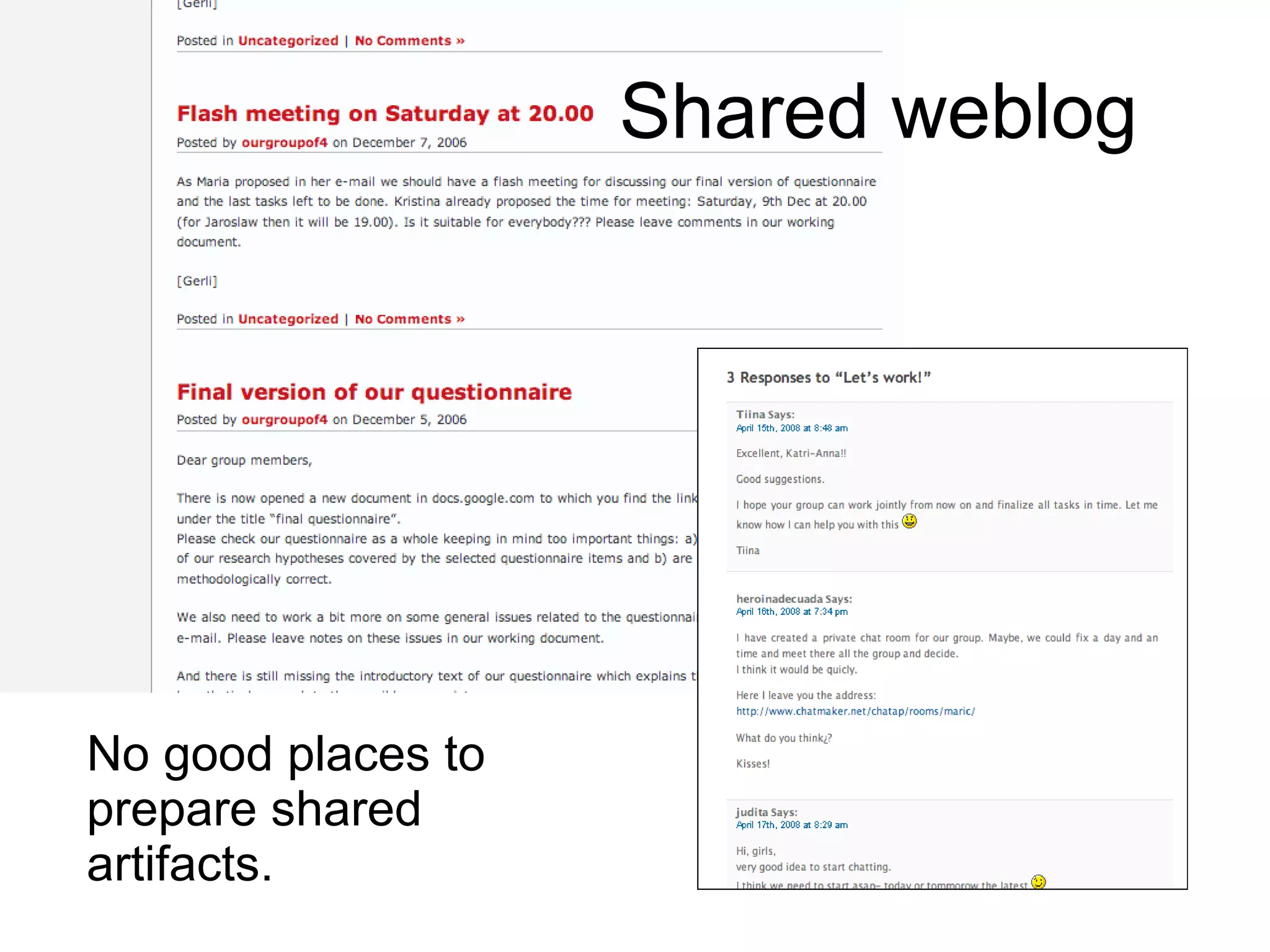 Shared weblog No good places to prepare shared artifacts. 