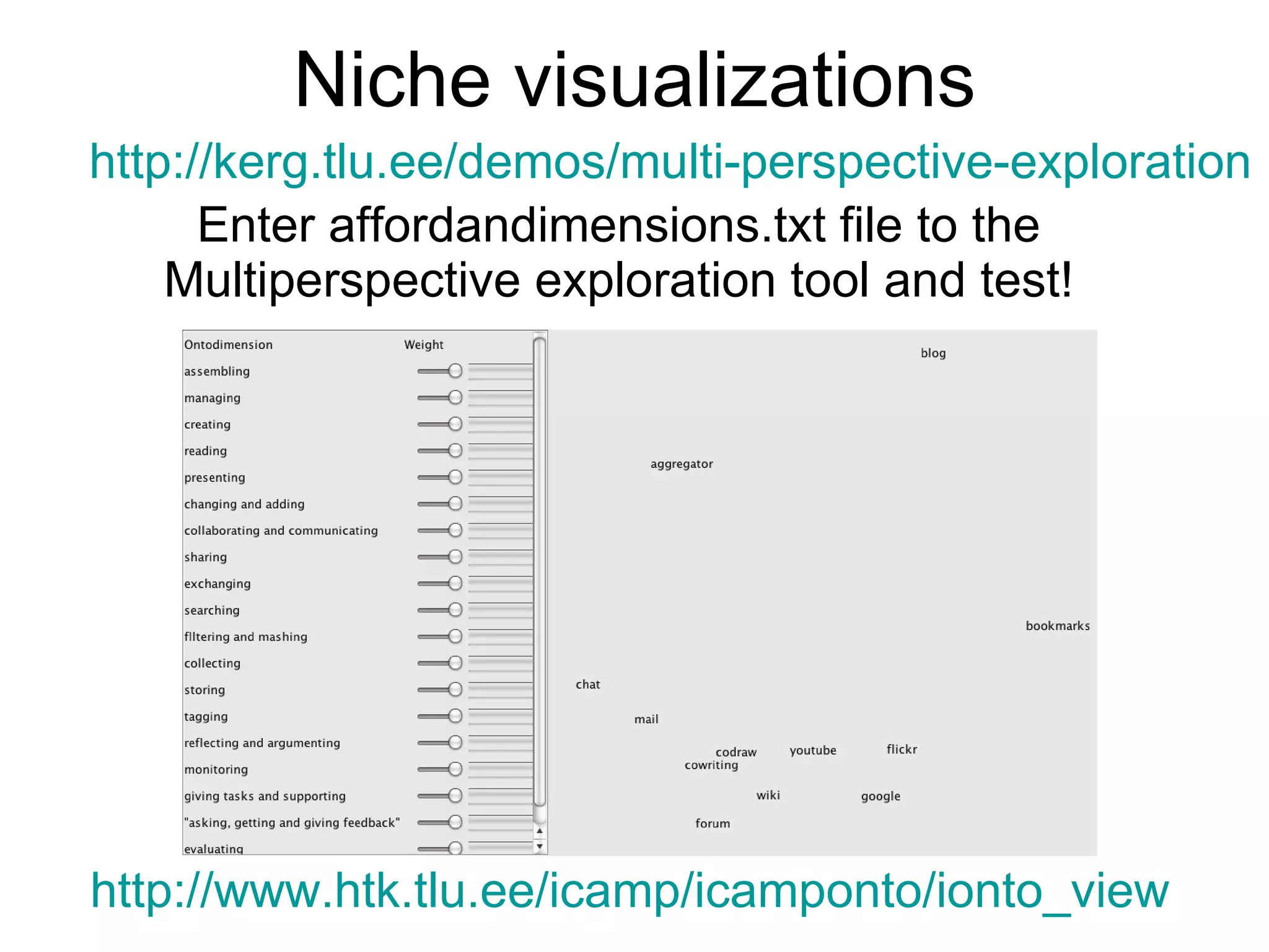 Niche visualizations Enter affordandimensions.txt file to the Multiperspective exploration tool and test! http://kerg.tlu.ee/demos/multi-perspective-exploration http://www.htk.tlu.ee/icamp/icamponto/ionto_view 