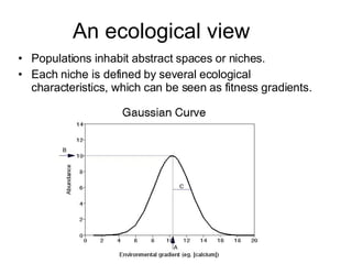 An ecological view Populations inhabit abstract spaces or niches. Each niche is defined by several ecological characteristics, which can be seen as fitness gradients. 