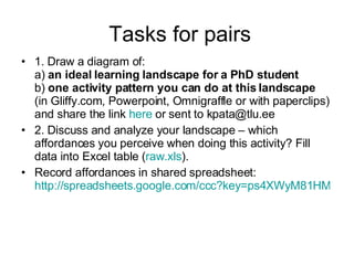 Tasks for pairs 1. Draw a diagram of:  a)  an ideal learning landscape for a PhD student b)  one activity pattern you can do at this landscape  (in Gliffy.com, Powerpoint, Omnigraffle or with paperclips) and share the link  here  or sent to kpata@tlu.ee 2. Discuss and analyze your landscape – which affordances you perceive when doing this activity? Fill data into Excel table ( raw.xls ). Record affordances in shared spreadsheet:  http://spreadsheets.google.com/ccc?key=ps4XWyM81HM2xgkE5MkbfVw 