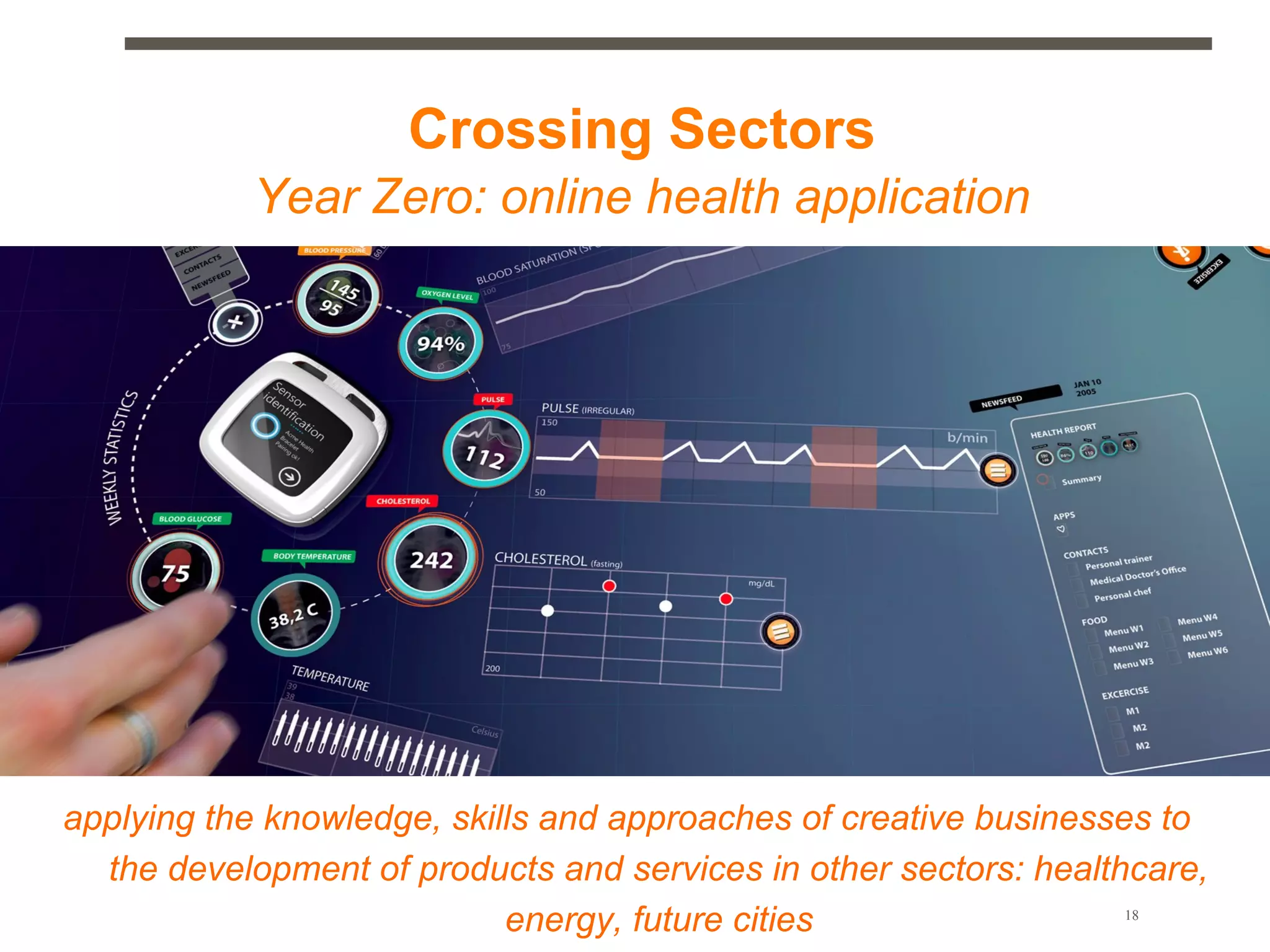 Crossing Sectors
           Year Zero: online health application




applying the knowledge, skills and approaches of creative businesses to
  the development of products and services in other sectors: healthcare,
                            energy, future cities                 18
 