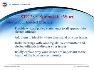 STEP 2: Spread the Word
Inform your Elected Officials
Provide written policy statements to all appropriate
elected officials
Ask them to identify where they stand on your issues
Hold meetings with your legislative committee and
elected officials to discuss your issues
Boldly explain why your issues are important to the
health of the business community
 