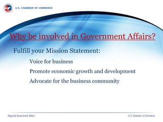 Why be involved in Government Affairs?
Fulfill your Mission Statement:
Voice for business
Promote economic growth and development
Advocate for the business community
 