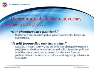 Overcoming obstacles to advocacy
Shattering the myths . . .
“Our chamber isn’t political.”
Neither are pro-business public policy statements. Issues are
not partisan.
“It will jeopardize our tax status.”
Actually, it won’t. In1975, the tax code was changed to permit a
501(c)6 organization to administer and solicit funds for political
activities. As a result, today many chambers are forming
political action committees to endorse and support pro-business
candidates.
 