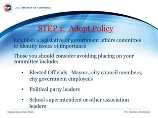 STEP 1: Adopt Policy
Establish a legislative or government affairs committee
to identify issues of importance
Those you should consider avoiding placing on your
committee include:
• Elected Officials: Mayors, city council members,
city government employees
• Political party leaders
• School superintendent or other association
leaders
 