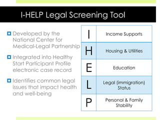 I-HELP Legal Screening Tool
¤ Developed by the
National Center for
Medical-Legal Partnership
¤ Integrated into Healthy
Start Participant Profile
electronic case record
¤ Identifies common legal
issues that impact health
and well-being
I Income Supports
H Housing & Utilities
E Education
L Legal (immigration)
Status
P Personal & Family
Stability
 