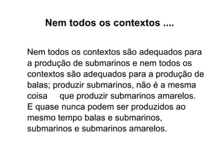 Nem todos os contextos ....   Nem todos os contextos são adequados para a produção de submarinos e nem todos os contextos são adequados para a produção de balas; produzir submarinos, não é a mesma coisa  que produzir submarinos amarelos. E quase nunca podem ser produzidos ao mesmo tempo balas e submarinos, submarinos e submarinos amarelos. 