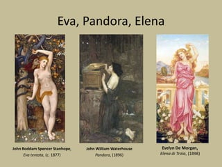 Eva, Pandora, Elena
Evelyn De Morgan,
Elena di Troia, (1898)
John Roddam Spencer Stanhope,
Eva tentata, (c. 1877)
John William Waterhouse
Pandora, (1896)
 
