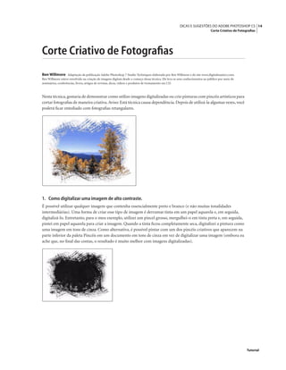 14DICAS E SUGESTÕES DO ADOBE PHOTOSHOP CS
Corte Criativo de Fotograﬁas
Tutorial
Corte Criativo de Fotograﬁas
Ben Willmore Adaptação da publicação Adobe Photoshop 7 Studio Techniques elaborada por Ben Willmore e do site www.digitalmastery.com.
Ben Willmore esteve envolvido na criação de imagens digitais desde o começo dessa técnica. Ele leva os seus conhecimentos ao público por meio de
seminários, conferências, livros, artigos de revistas, dicas, vídeos e produtos de treinamento em CD.
Nesta técnica,gostaria de demonstrar como utilizo imagens digitalizadas ou crio pinturas com pincéis artísticos para
cortar fotograﬁas de maneira criativa.Aviso: Está técnica causa dependência.Depois de utilizá-la algumas vezes,você
poderá ﬁcar entediado com fotograﬁas retangulares.
1. Como digitalizar uma imagem de alto contraste.
É possível utilizar qualquer imagem que contenha essencialmente preto e branco (e não muitas tonalidades
intermediárias). Uma forma de criar esse tipo de imagem é derramar tinta em um papel aquarela e, em seguida,
digitalizá-lo. Entretanto, para o meu exemplo, utilizei um pincel grosso, mergulhei-o em tinta preta e, em seguida,
pintei em papel aquarela para criar a imagem. Quando a tinta ﬁcou completamente seca, digitalizei a pintura como
uma imagem em tons de cinza. Como alternativa, é possível pintar com um dos pincéis criativos que aparecem na
parte inferior da paleta Pincéis em um documento em tons de cinza em vez de digitalizar uma imagem (embora eu
ache que, no ﬁnal das contas, o resultado é muito melhor com imagens digitalizadas).
 