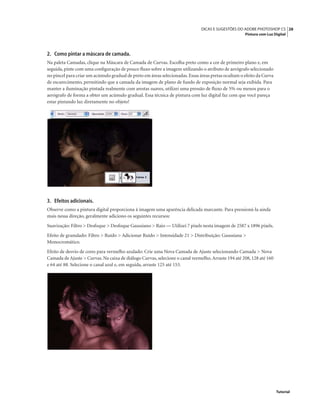 28DICAS E SUGESTÕES DO ADOBE PHOTOSHOP CS
Pintura com Luz Digital
Tutorial
2. Como pintar a máscara de camada.
Na paleta Camadas, clique na Máscara de Camada de Curvas. Escolha preto como a cor de primeiro plano e, em
seguida, pinte com uma conﬁguração de pouco ﬂuxo sobre a imagem utilizando o atributo de aerógrafo selecionado
no pincel para criar um acúmulo gradual de preto em áreas selecionadas.Essas áreas pretas ocultam o efeito da Curva
de escurecimento, permitindo que a camada da imagem de plano de fundo de exposição normal seja exibida. Para
manter a iluminação pintada realmente com arestas suaves, utilizei uma pressão de ﬂuxo de 5% ou menos para o
aerógrafo de forma a obter um acúmulo gradual. Essa técnica de pintura com luz digital faz com que você pareça
estar pintando luz diretamente no objeto!
3. Efeitos adicionais.
Observe como a pintura digital proporciona à imagem uma aparência delicada marcante. Para pressioná-la ainda
mais nessa direção, geralmente adiciono os seguintes recursos:
Suavização: Filtro > Desfoque > Desfoque Gaussiano > Raio — Utilizei 7 pixels nesta imagem de 2587 x 1896 pixels.
Efeito de granulado: Filtro > Ruído > Adicionar Ruído > Intensidade 21 > Distribuição: Gaussiana >
Monocromático.
Efeito de desvio de cores para vermelho azulado: Crie uma Nova Camada de Ajuste selecionando Camada > Nova
Camada de Ajuste > Curvas. Na caixa de diálogo Curvas, selecione o canal vermelho.Arraste 194 até 208, 128 até 160
e 64 até 88. Selecione o canal azul e, em seguida, arraste 125 até 153.
 