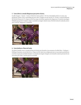 32DICAS E SUGESTÕES DO ADOBE PHOTOSHOP CS
Xilogravuras
Tutorial
5. Como alterar a camada Xilogravura para preto e branco.
Escolha Imagem > Ajustar > Limiar. O Nível do Limiar padrão é 128. Essa intensidade poderia ser aceita, mas,
geralmente, preﬁro cortar a intensidade de preto sobre a imagem em não mais de 127. Arraste o controle deslizante
de Nível do Limiar até 127 e clique em OK. Essa etapa cria de fato a aparência de xilogravura. O modo de mesclagem
Multiplicação permite visualizar e julgar o resultado na imagem.Quanto mais o Nível do Limiar for reduzido,menor
será o nível de “xilogravura” visualizado.
6. Como desfocar o Plano de Fundo.
Na paleta Camadas, torne a camada de Plano de Fundo ativa clicando na sua miniatura. Escolha Filtro > Desfoque >
Desfoque Gaussiano com um Raio de 6,3. Clique em OK.Ajuste essa conﬁguração para as suas próprias preferências
com base no grau de suavidade desejado e no tamanho da imagem. Imagens com tamanhos maiores precisam de um
raio maior para obter o mesmo grau de suavidade.
 