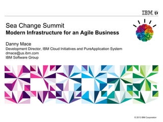 © 2013 IBM Corporation
Sea Change Summit
Modern Infrastructure for an Agile Business
Danny Mace
Development Director, IBM Cloud Initiatives and PureApplication System
dmace@us.ibm.com
IBM Software Group
 