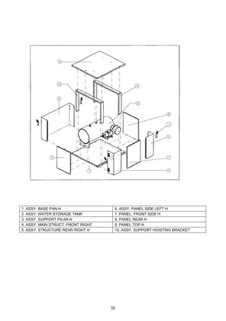 52
1. ASSY. BASE PAN H 6. ASSY. PANEL SIDE LEFT H
2. ASSY. WATER STORAGE TANK 7. PANEL. FRONT SIDE H
3. ASSY. SUPPORT PILAR H 8. PANEL REAR H
4. ASSY. MAIN STRUCT. FRONT RIGHT 9. PANEL TOP H
5. ASSY. STRUCTURE REAR RIGHT H 10. ASSY. SUPPORT HOISTING BRACKET
 