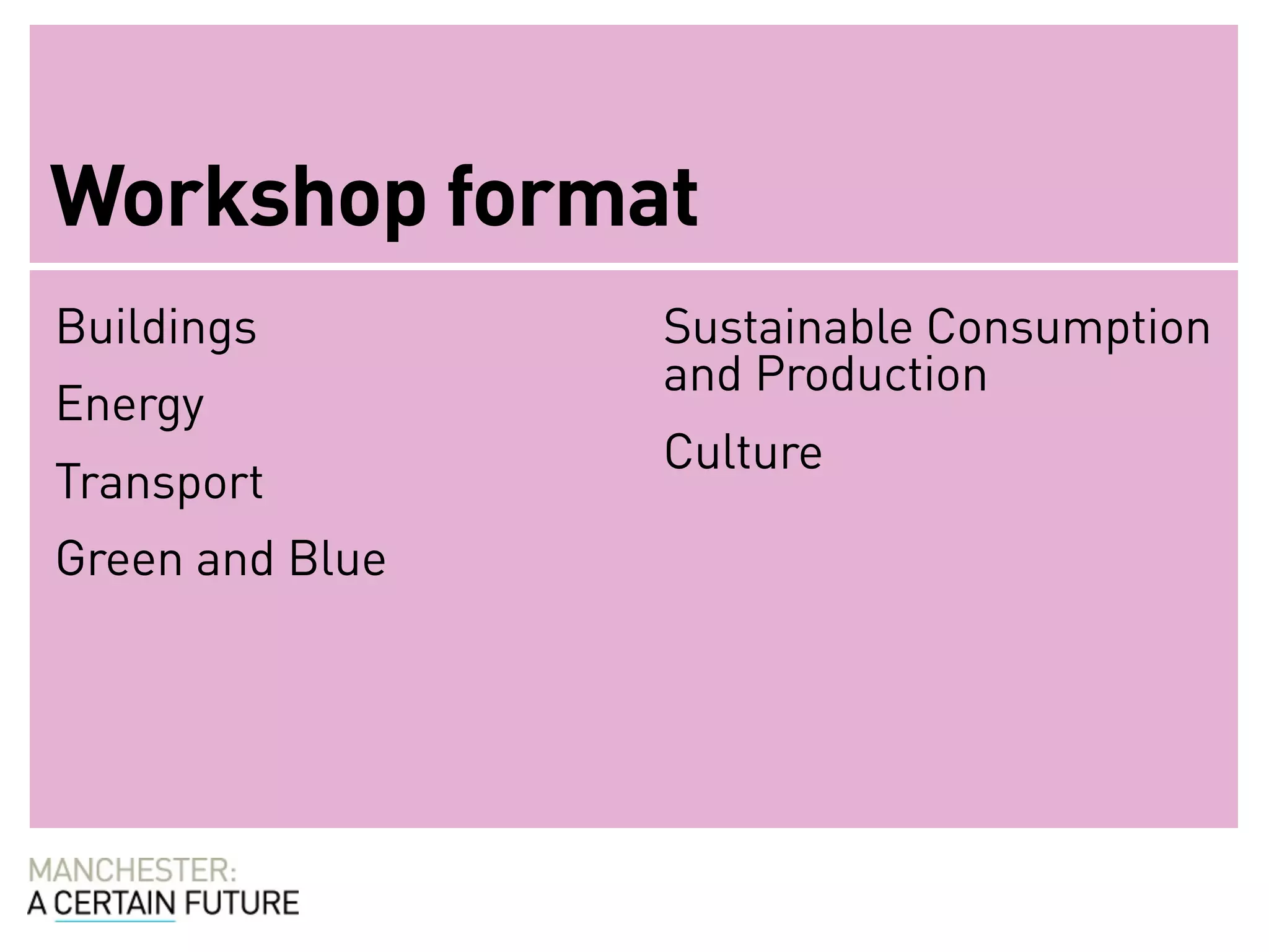 Workshop format
Buildings        Sustainable Consumption
                 and Production
Energy
                 Culture
Transport
Green and Blue
 