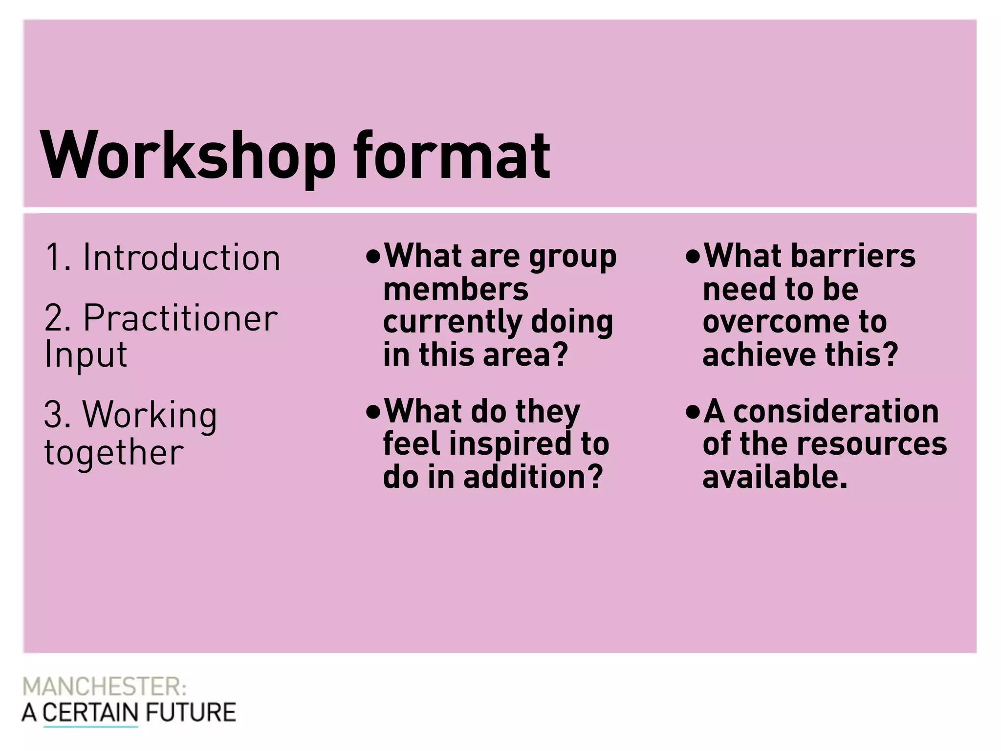 Workshop format
1. Introduction   •What are group     •What barriers
                   members             need to be
2. Practitioner    currently doing     overcome to
Input              in this area?       achieve this?
3. Working        •What do they       •A consideration
together           feel inspired to    of the resources
                   do in addition?     available.
 