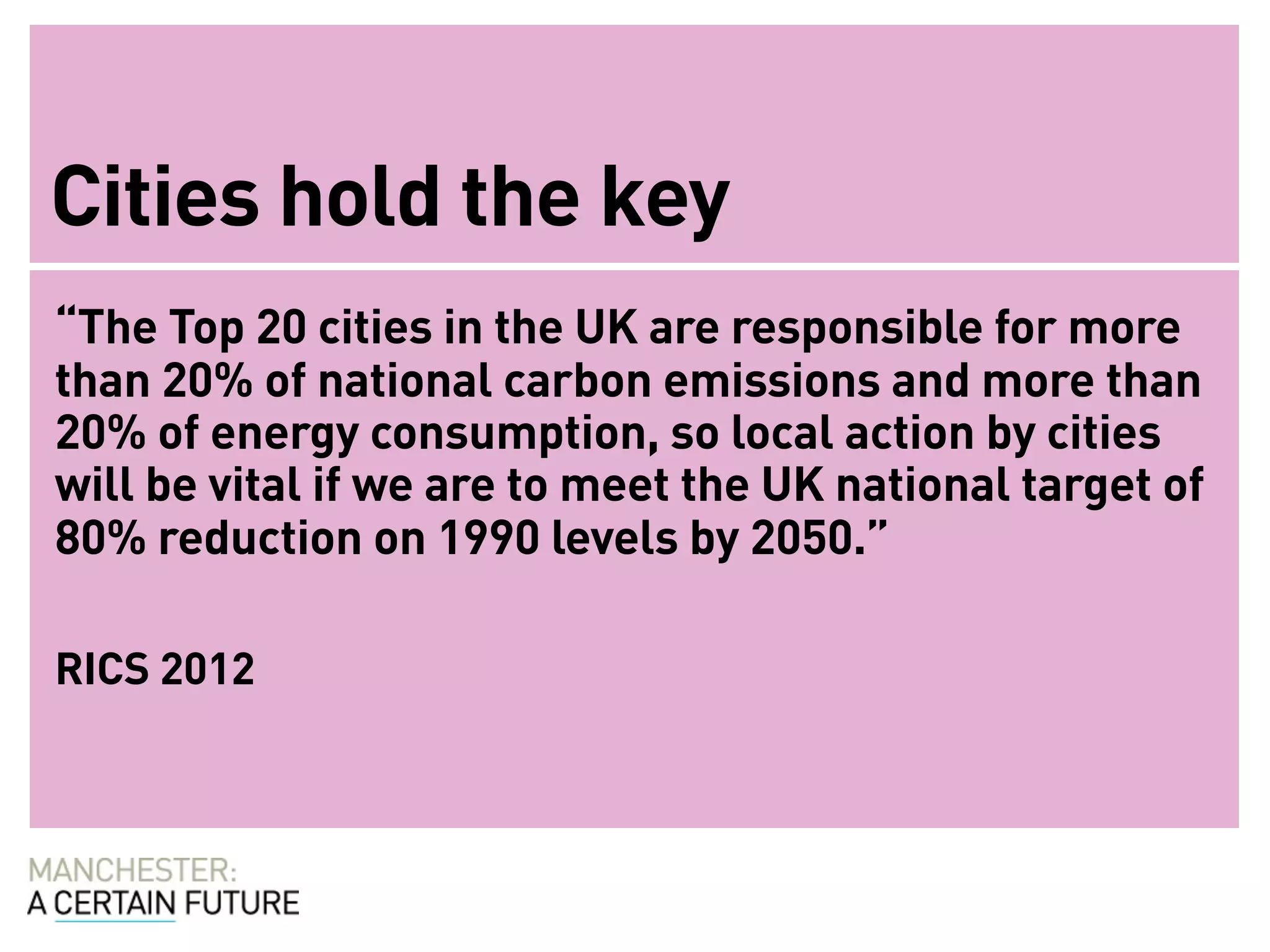 Cities hold the key
“The Top 20 cities in the UK are responsible for more
than 20% of national carbon emissions and more than
20% of energy consumption, so local action by cities
will be vital if we are to meet the UK national target of
80% reduction on 1990 levels by 2050.”

RICS 2012
 
