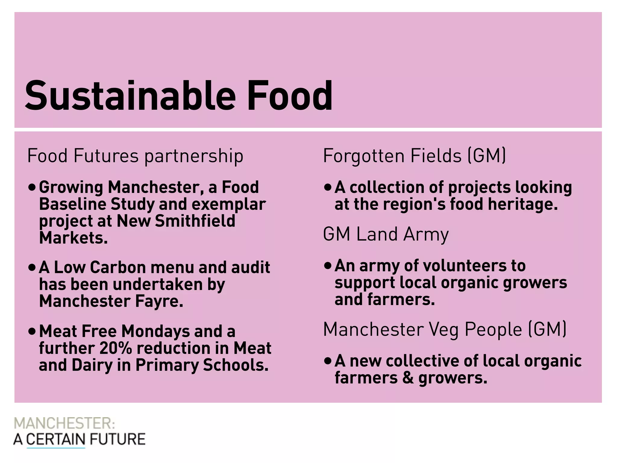 Sustainable Food
Food Futures partnership         Forgotten Fields (GM)
• Growing Manchester, a Food     • A collection of projects looking
 Baseline Study and exemplar      at the region's food heritage.
 project at New Smithfield
 Markets.                        GM Land Army
• A Low Carbon menu and audit    • An army of volunteers to
 has been undertaken by           support local organic growers
 Manchester Fayre.                and farmers.
• Meat Free Mondays and a        Manchester Veg People (GM)
 further 20% reduction in Meat
 and Dairy in Primary Schools.   • A new collective of local organic
                                  farmers & growers.
 