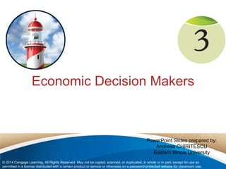 Economic Decision Makers 
PowerPoint Slides prepared by: 
Andreea CHIRITESCU 
Eastern Illinois University 
© 2014 Cengage Learning. All Rights Reserved. May not be copied, scanned, or duplicated, in whole or in part, except for use as 
permitted in a license distributed with a certain product or service or otherwise on a password-protected website for classroom use. 
 