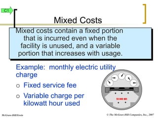 © The McGraw-Hill Companies, Inc., 2007
McGraw-Hill/Irwin
Mixed costs contain a fixed portion
that is incurred even when the
facility is unused, and a variable
portion that increases with usage.
Example: monthly electric utility
charge
 Fixed service fee
 Variable charge per
kilowatt hour used
Mixed Costs
C1
 