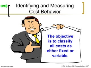 © The McGraw-Hill Companies, Inc., 2007
McGraw-Hill/Irwin
The objective
is to classify
all costs as
either fixed or
variable.
Identifying and Measuring
Cost Behavior
P1
 