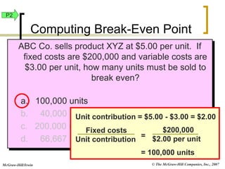 © The McGraw-Hill Companies, Inc., 2007
McGraw-Hill/Irwin
ABC Co. sells product XYZ at $5.00 per unit. If
fixed costs are $200,000 and variable costs are
$3.00 per unit, how many units must be sold to
break even?
a. 100,000 units
b. 40,000 units
c. 200,000 units
d. 66,667 units
Unit contribution = $5.00 - $3.00 = $2.00
Fixed costs
Unit contribution
=
$200,000
$2.00 per unit
= 100,000 units
P2
Computing Break-Even Point
 