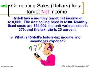 © The McGraw-Hill Companies, Inc., 2007
McGraw-Hill/Irwin
Rydell has a monthly target net income of
$18,000. The unit selling price is $100. Monthly
fixed costs are $24,000, the unit variable cost is
$70, and the tax rate is 25 percent.
 What is Rydell’s before-tax income and
income tax expense?
C3 Computing Sales (Dollars) for a
Target Net Income
 
