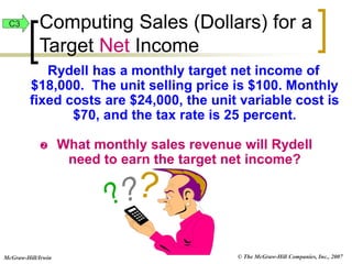 © The McGraw-Hill Companies, Inc., 2007
McGraw-Hill/Irwin
Rydell has a monthly target net income of
$18,000. The unit selling price is $100. Monthly
fixed costs are $24,000, the unit variable cost is
$70, and the tax rate is 25 percent.
 What monthly sales revenue will Rydell
need to earn the target net income?
C3 Computing Sales (Dollars) for a
Target Net Income
 