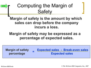 © The McGraw-Hill Companies, Inc., 2007
McGraw-Hill/Irwin
Margin of safety is the amount by which
sales can drop before the company
incurs a loss.
Margin of safety may be expressed as a
percentage of expected sales.
Computing the Margin of
Safety Exh.
22-17
Margin of safety Expected sales - Break-even sales
percentage Expected sales
=
C3
 