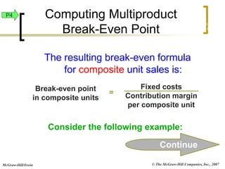 © The McGraw-Hill Companies, Inc., 2007
McGraw-Hill/Irwin
The resulting break-even formula
for composite unit sales is:
Break-even point
in composite units
Fixed costs
Contribution margin
per composite unit
=
Consider the following example:
Continue
Exh.
22-19
P4 Computing Multiproduct
Break-Even Point
 