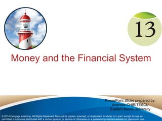 Money and the Financial System 
PowerPoint Slides prepared by: 
Andreea CHIRITESCU 
Eastern Illinois University 
© 2014 Cengage Learning. All Rights Reserved. May not be copied, scanned, or duplicated, in whole or in part, except for use as 
permitted in a license distributed with a certain product or service or otherwise on a password-protected website for classroom use. 
 