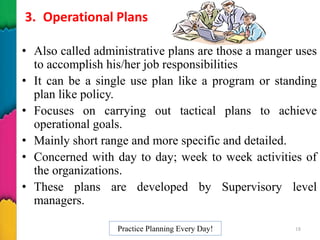 3. Operational Plans
• Also called administrative plans are those a manger uses
to accomplish his/her job responsibilities
• It can be a single use plan like a program or standing
plan like policy.
• Focuses on carrying out tactical plans to achieve
operational goals.
• Mainly short range and more specific and detailed.
• Concerned with day to day; week to week activities of
the organizations.
• These plans are developed by Supervisory level
managers.
Practice Planning Every Day! 18
 