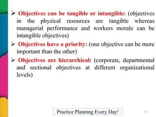  Objectives can be tangible or intangible: (objectives
in the physical resources are tangible whereas
managerial performance and workers morale can be
intangible objectives)
 Objectives have a priority: (one objective can be more
important than the other)
 Objectives are hierarchical: (corporate, departmental
and sectional objectives at different organizational
levels)
Practice Planning Every Day! 24
 