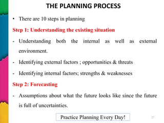 THE PLANNING PROCESS
• There are 10 steps in planning
Step 1: Understanding the existing situation
- Understanding both the internal as well as external
environment.
- Identifying external factors ; opportunities & threats
- Identifying internal factors; strengths & weaknesses
Step 2: Forecasting
- Assumptions about what the future looks like since the future
is full of uncertainties.
Practice Planning Every Day! 27
 