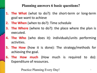 Planning answers 6 basic questions?
1. The What (what to do?): the short-term or long-term
goal we want to achieve
2. The When (when to do?): Time schedule
3. The Where (where to do?): the place where the plan is
executed.
4. The Who (who does it): individuals/units performing
activities.
5. The How (how it is done): The strategy/methods for
achieving the goal.
6. The How much (How much is required to do):
Expenditure of resources.
Practice Planning Every Day! 5
 