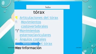 Índice
tórax
¶ Articulaciones del tórax
ﬁ Movimientos
costovertebrales
Movimientos
esternoclaviculares
∞ Ángulos costales
€ Topografía del tórax
Mas información
Wikipedia
3/29/2023
machacacayoerick@gmail.com 2
 