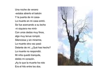 Una noche de verano
-estaba abierto el balcón
Y la puerta de mi casa-
La muerte en mi casa entró.
Se fue acercando a su lecho
-ni siquiera me miró-
Con unos dedos muy finos,
algo muy tenue rompió.
Silenciosa y sin mirarme,
La muerte otra vez pasó
Delante de mí. ¿Qué has hecho?
La muerte no respondió.
Mi niña quedó tranquila,
dolido mi corazón.
¡Ay lo que la muerte ha roto
Era el hilo entre los dos.
 