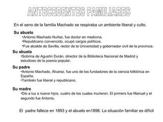 En el seno de la familia Machado se respiraba un ambiente liberal y culto.
Su abuelo
•Antonio Machado Nuñez, fue doctor en medicina.
•Republicano convencido, ocupó cargos políticos.
•Fue alcalde de Sevilla, rector de la Universidad y gobernador civil de la provincia.
Su abuela
•Sobrina de Agustín Durán, director de la Biblioteca Nacional de Madrid y
estudioso de la poesía popular.
Su padre
•Antonio Machado, Álvarez, fue uno de los fundadores de la ciencia folklórica en
España.
•También fue liberal y republicano.
Su madre
•Dio a luz a nueve hijos, cuatro de los cuales murieron. El primero fue Manuel y el
segundo fue Antonio.
El padre fallece en 1893 y el abuelo en1896. La situación familiar es difícil
 